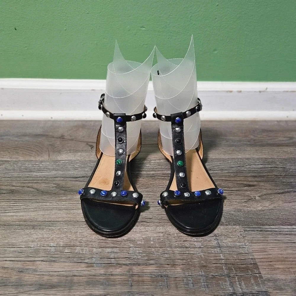 Coach Women's Sadie Leather‎ Embellished T-Strap Black Sandals